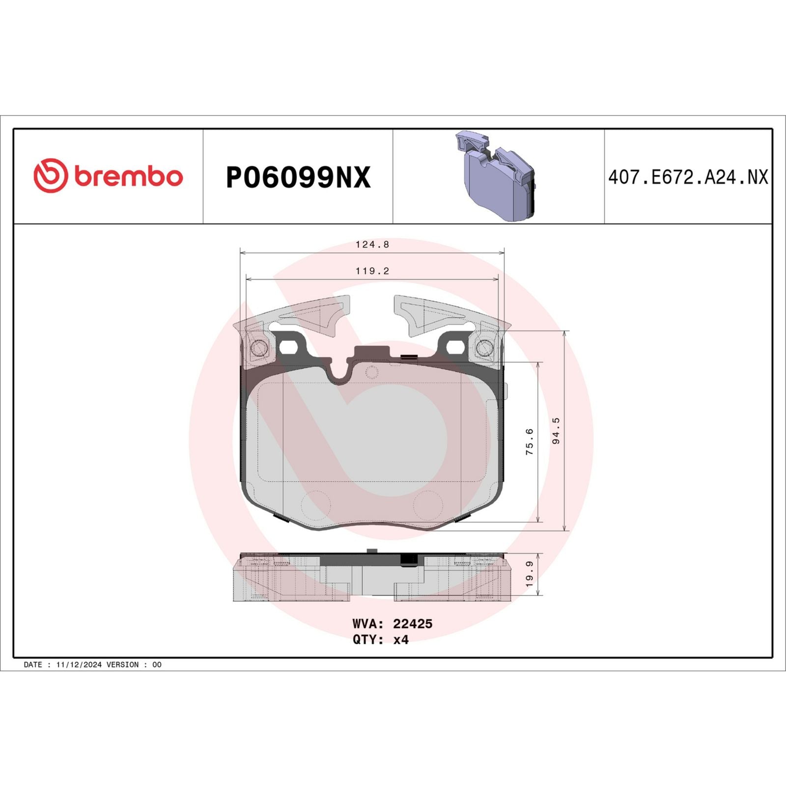 Керамические передние тормозные колодки Brembo XTRA P06099NX