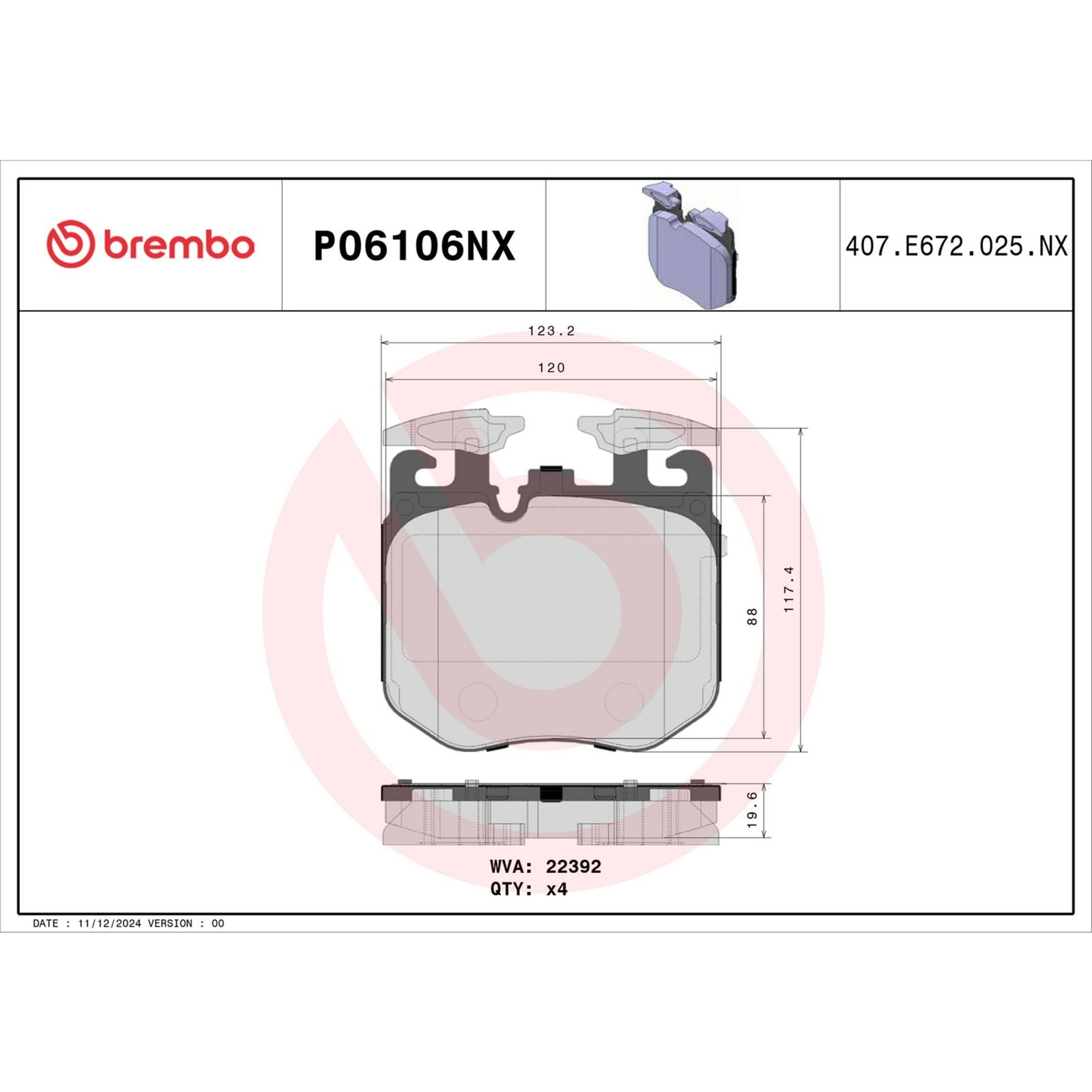 Керамические передние тормозные колодки Brembo XTRA P06106NX