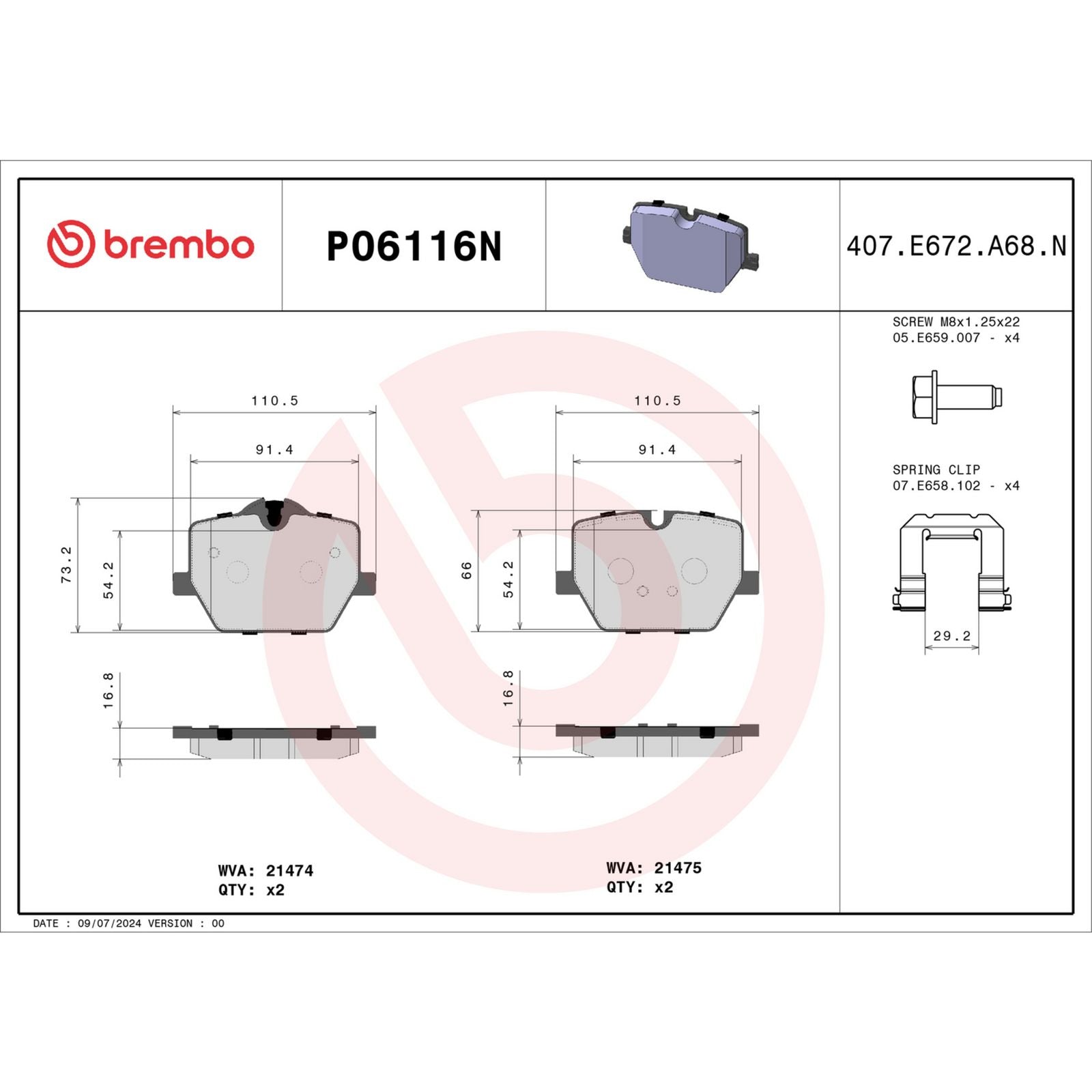 Керамические задние тормозные колодки Brembo PRIME P06116N