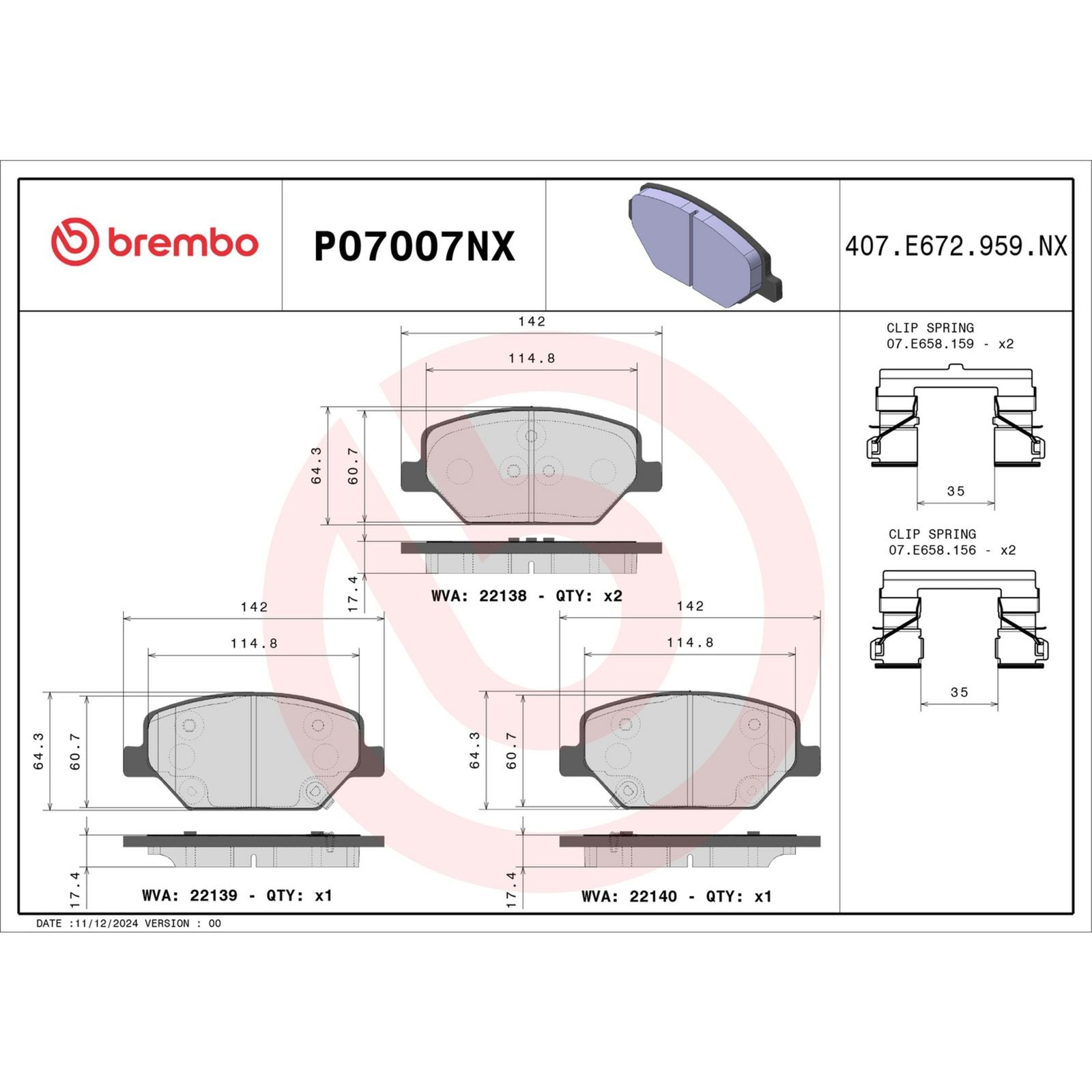 Керамические передние тормозные колодки Brembo XTRA P07007NX