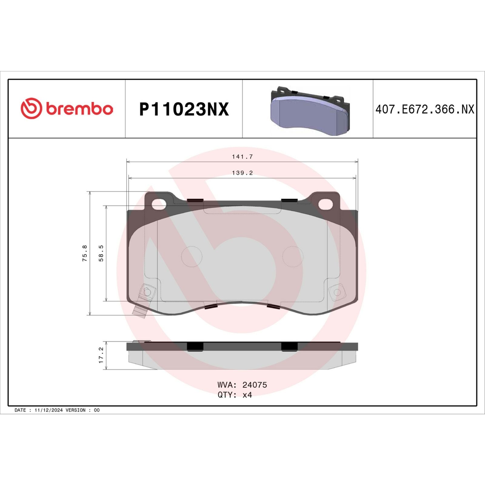 Керамические передние тормозные колодки Brembo XTRA P11023NX