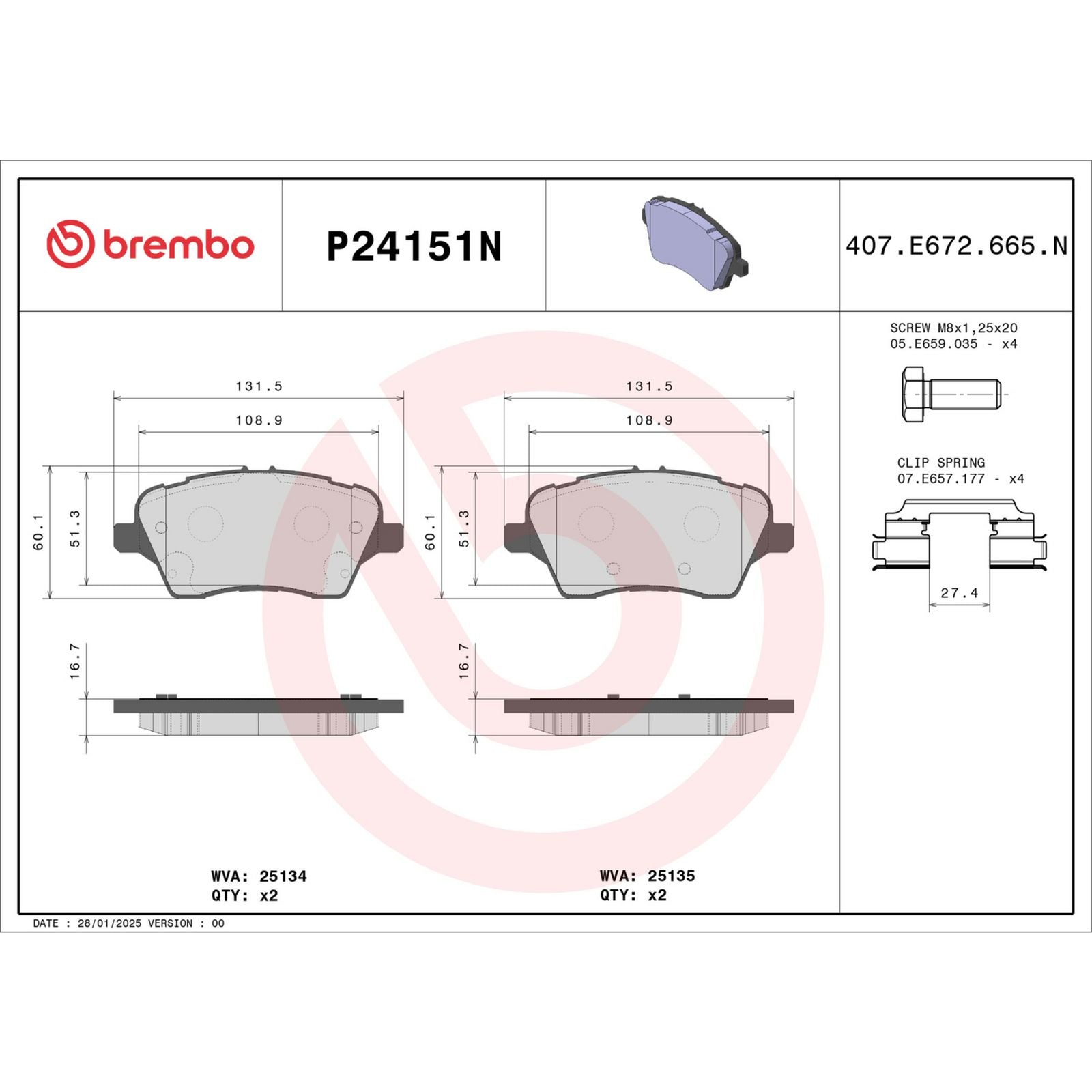 Керамические передние тормозные колодки Brembo PRIME P24151N
