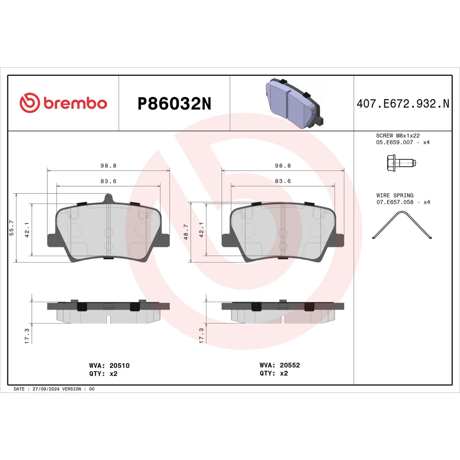 Керамические задние тормозные колодки Brembo PRIME P86032N
