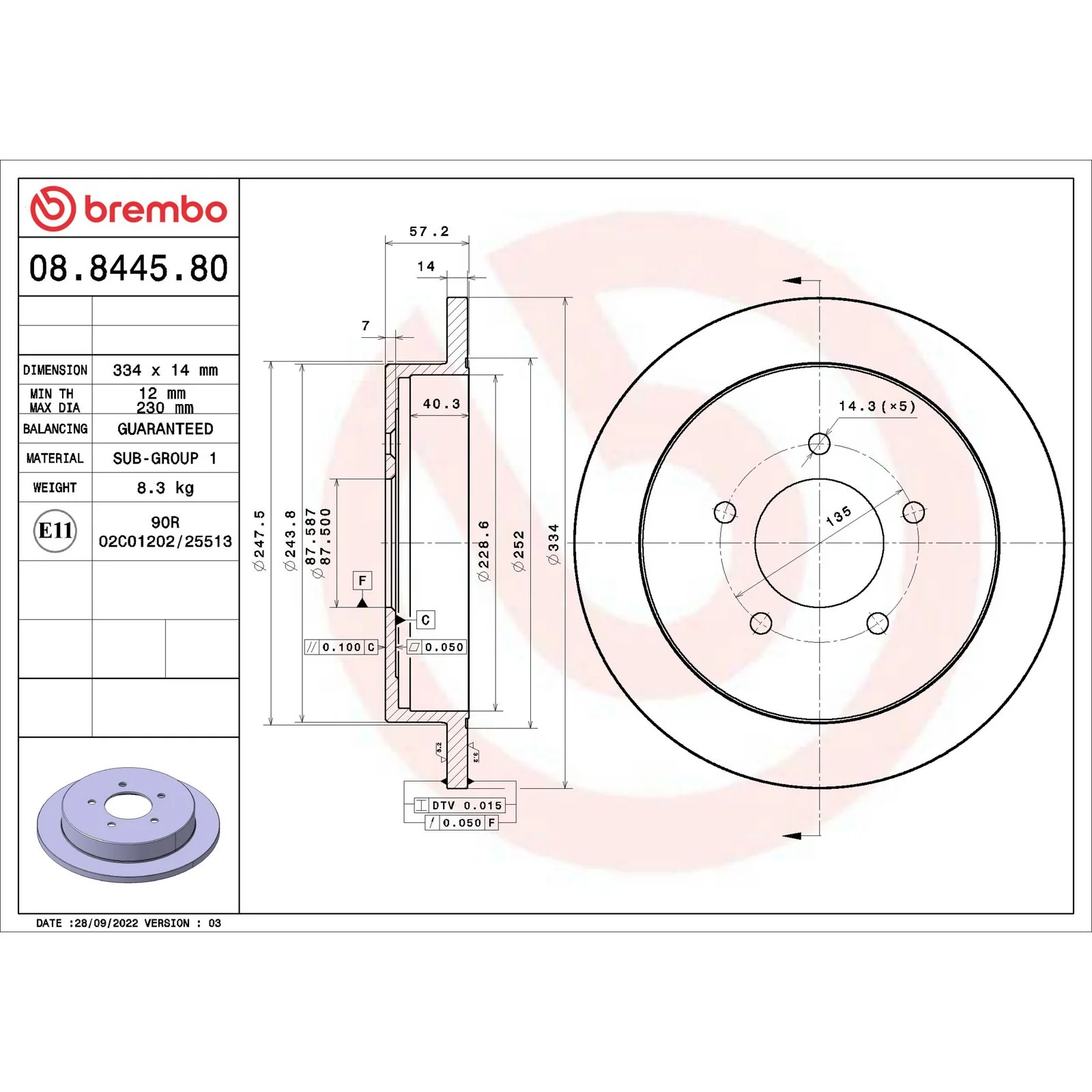 Передний тормозной диск Brembo 08844580