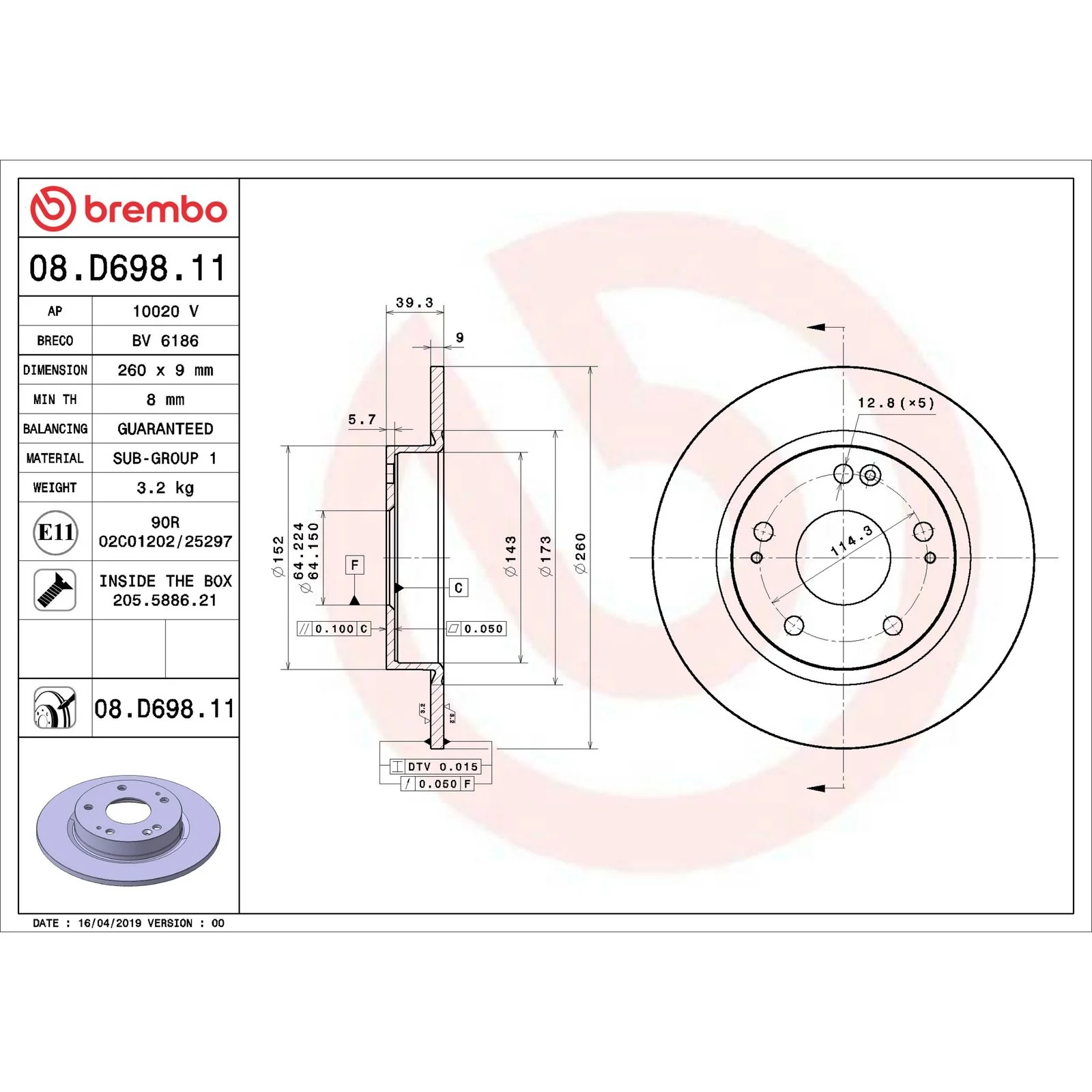 Передний тормозной диск Brembo 08D69811