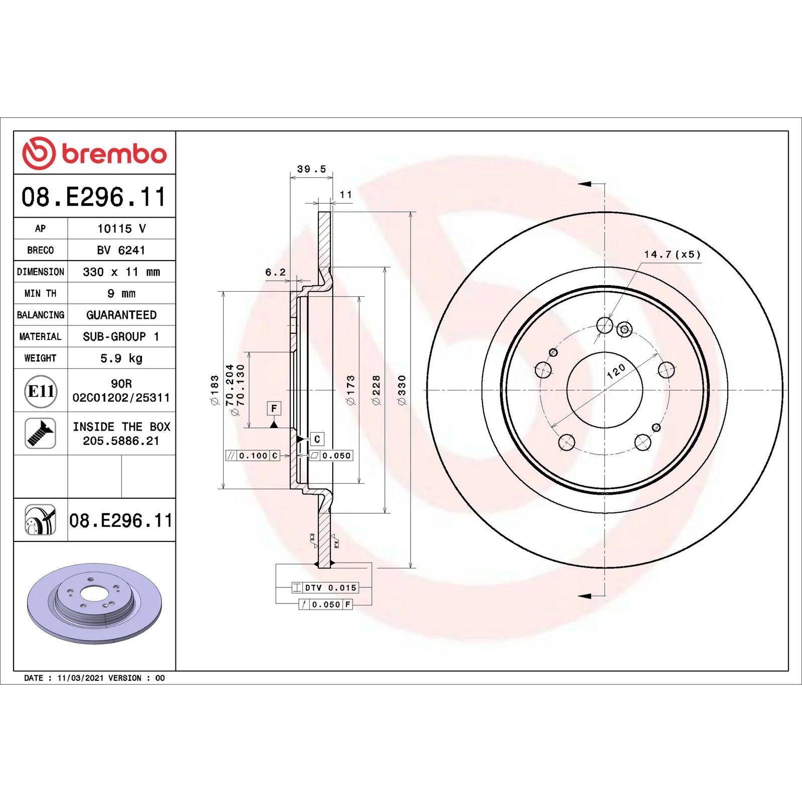 Передний тормозной диск Brembo 08E29611