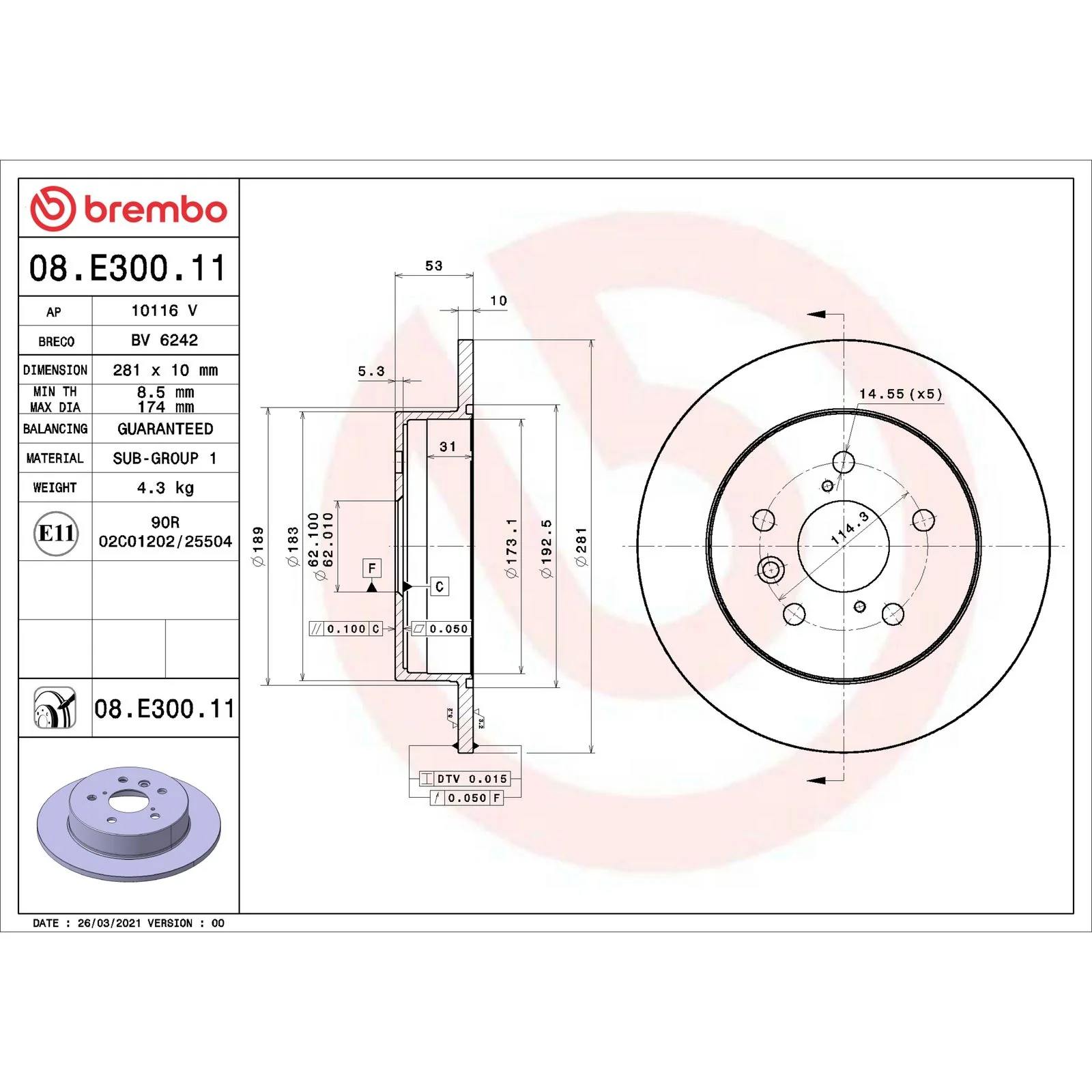 Передний тормозной диск Brembo 08E30011