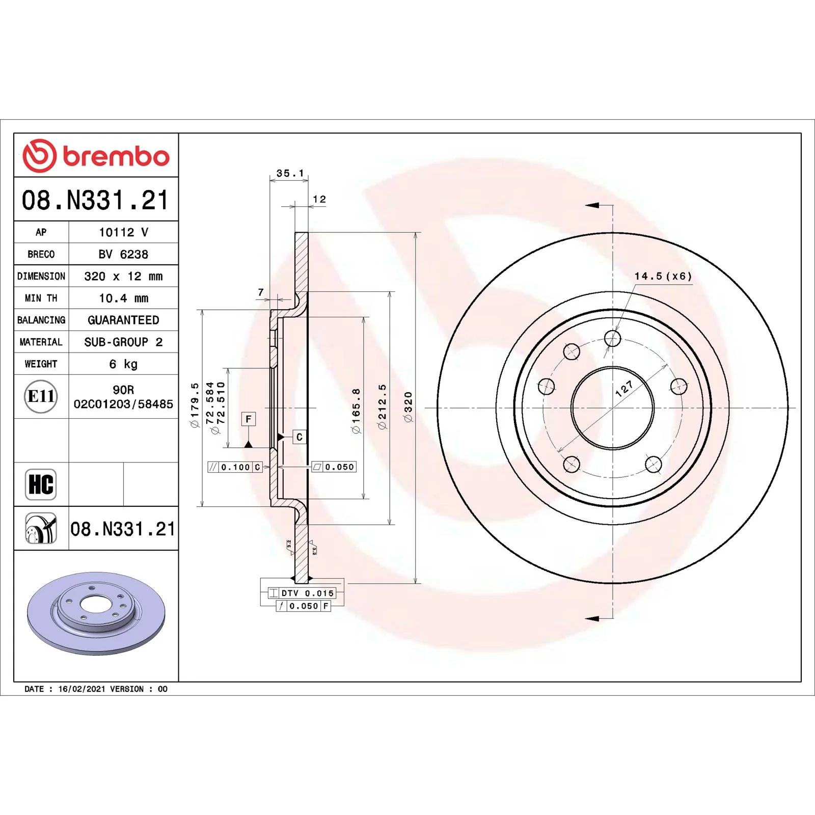 Передний тормозной диск Brembo 08N33121