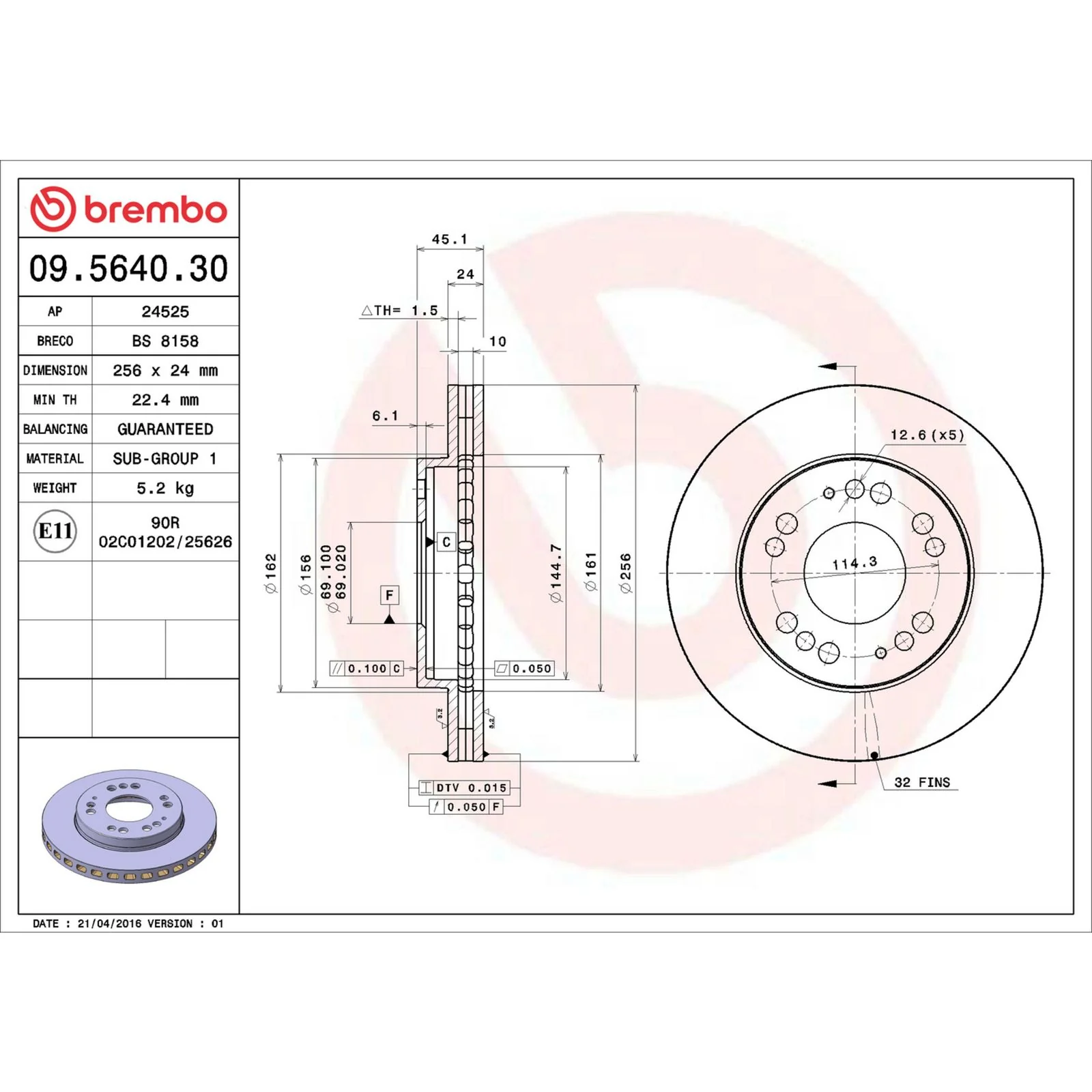 Передний тормозной диск Brembo 09564030