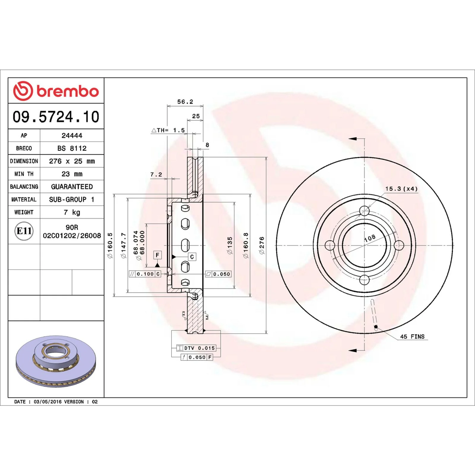 Передний тормозной диск Brembo 09572410