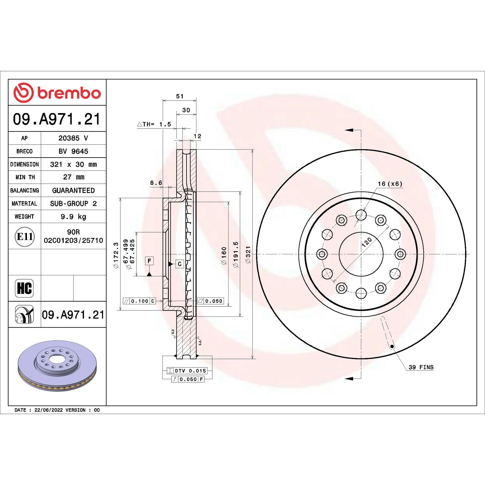 Передний тормозной диск Brembo 09A97121