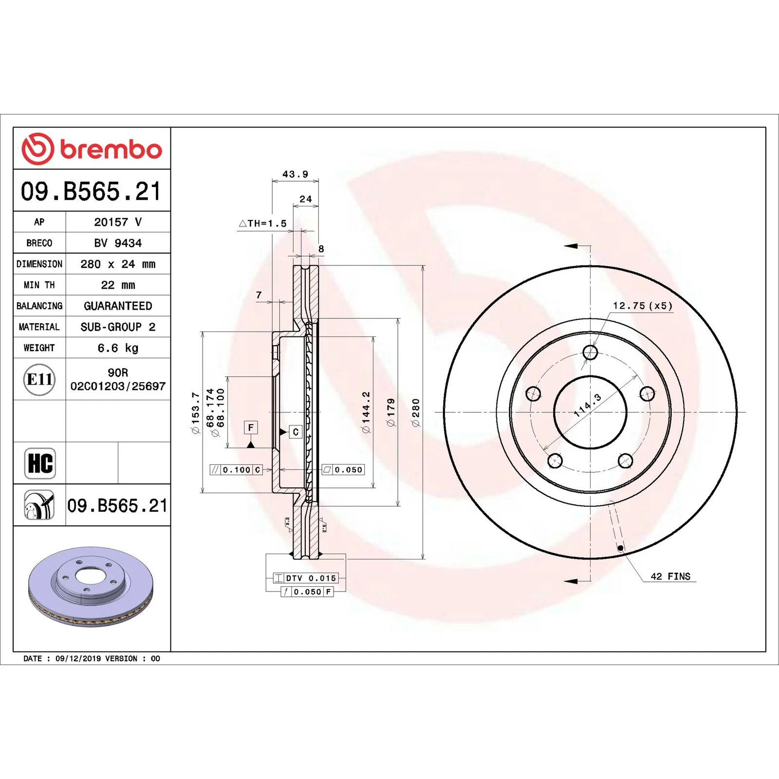 Передний тормозной диск Brembo 09B56521