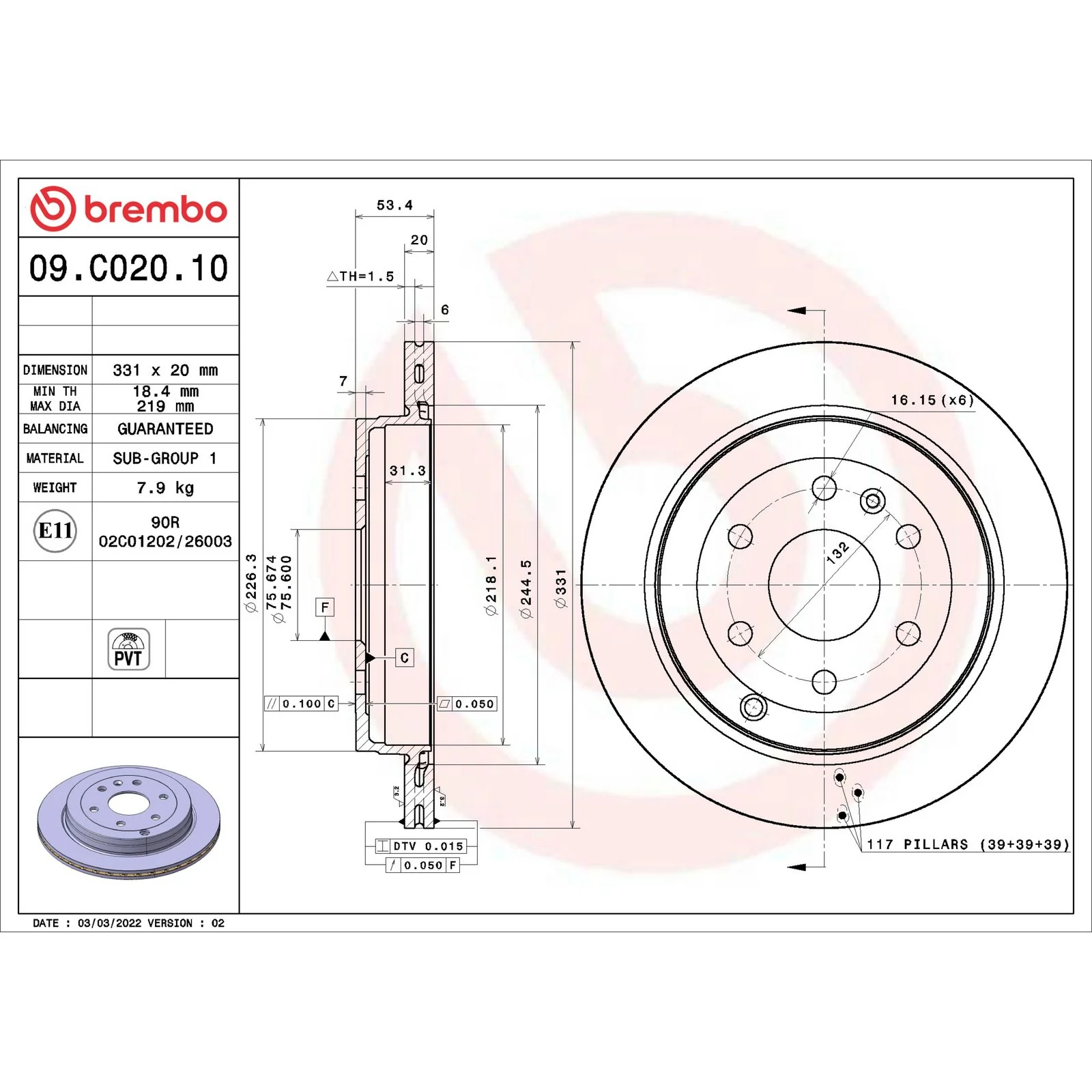 Передний тормозной диск Brembo 09C02010