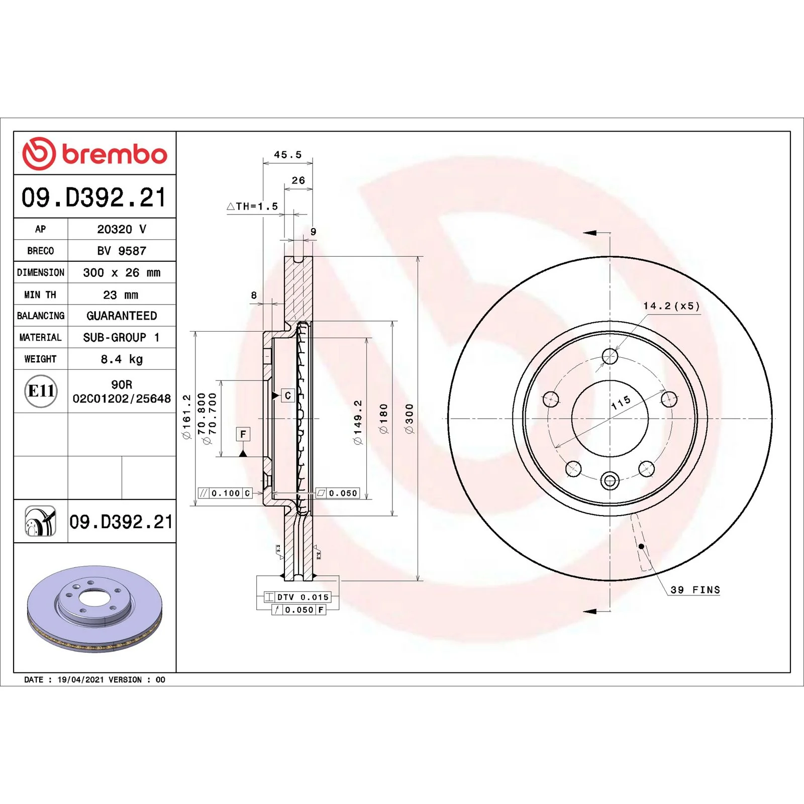 Передний тормозной диск Brembo 09D39221