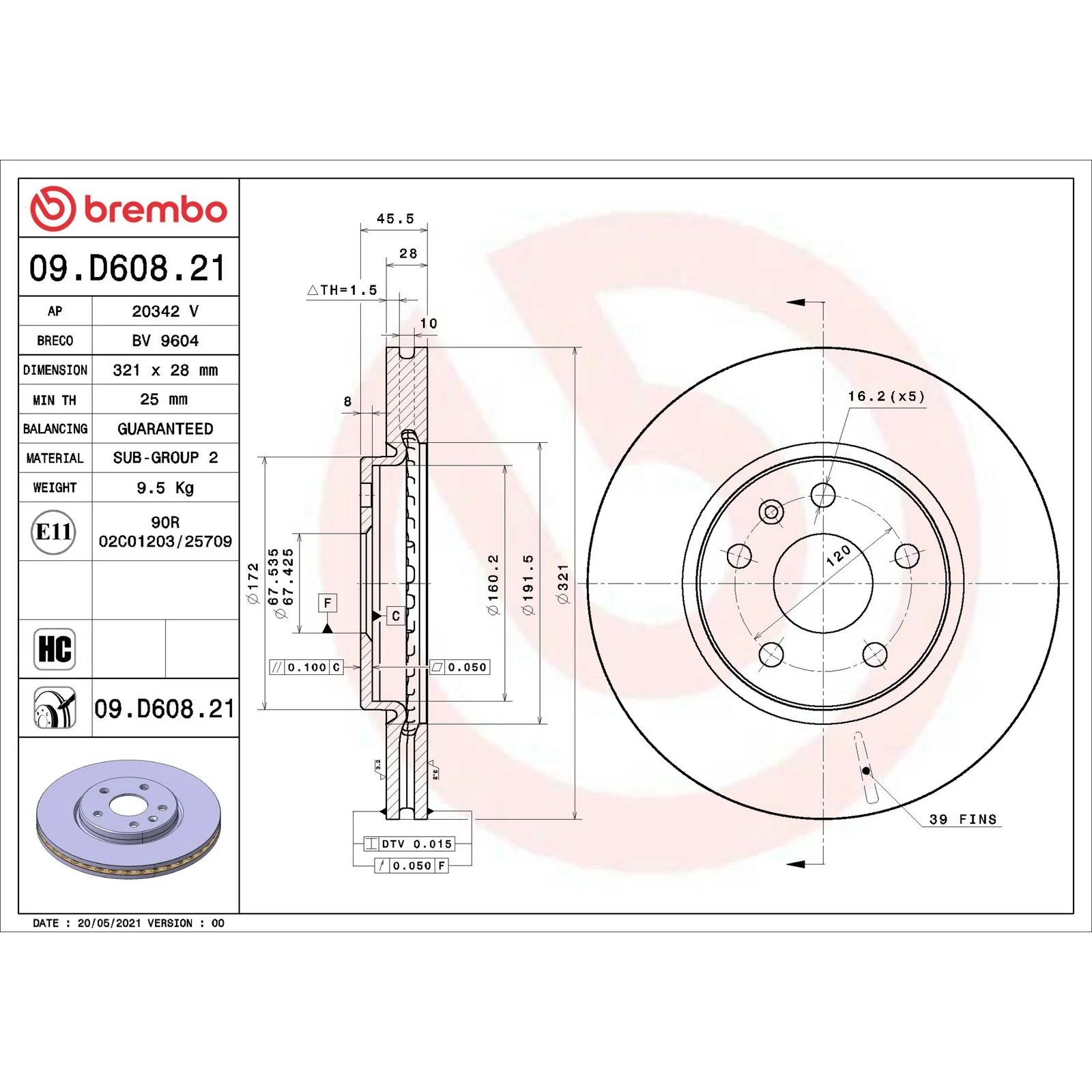 Передний тормозной диск Brembo 09D60821