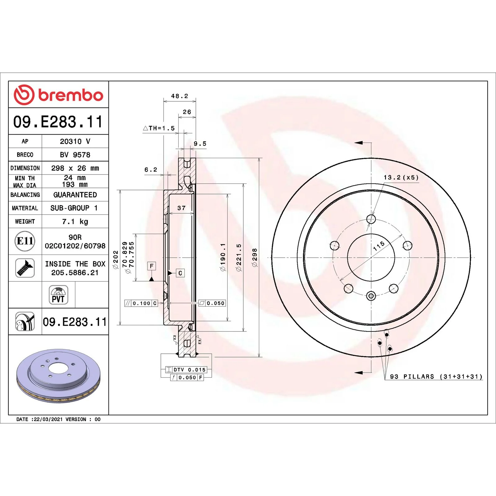 Передний тормозной диск Brembo 09E28311