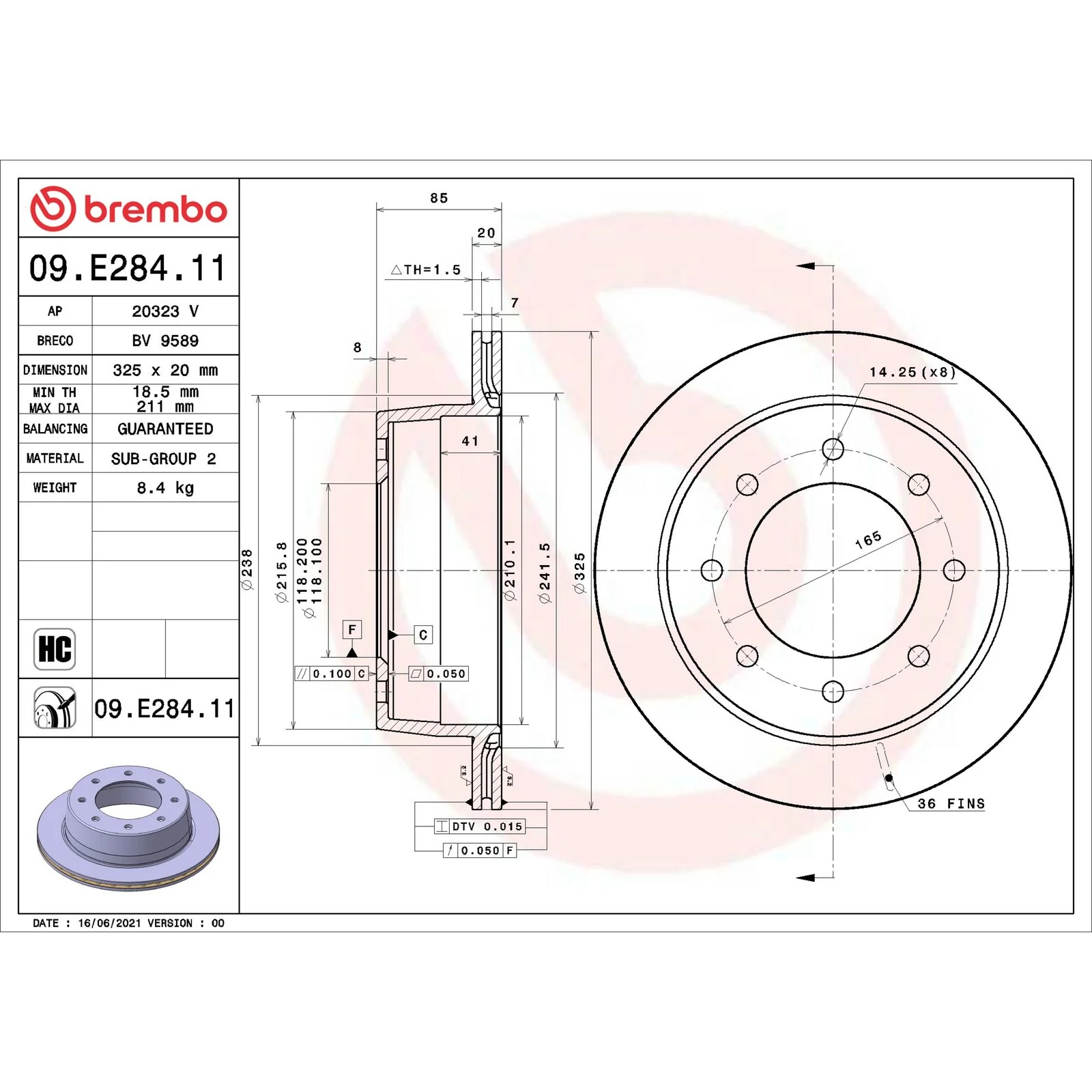 Передний тормозной диск Brembo 09E28411