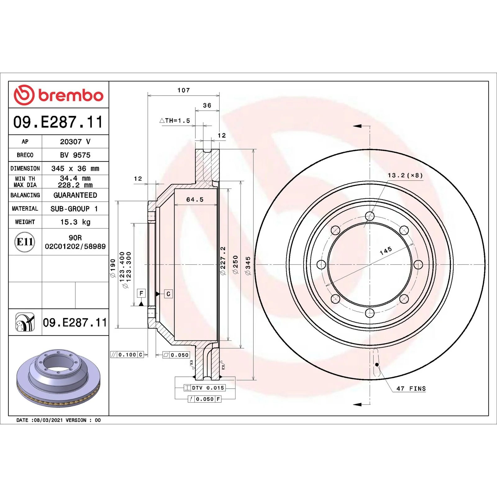 Передний тормозной диск Brembo 09E28711