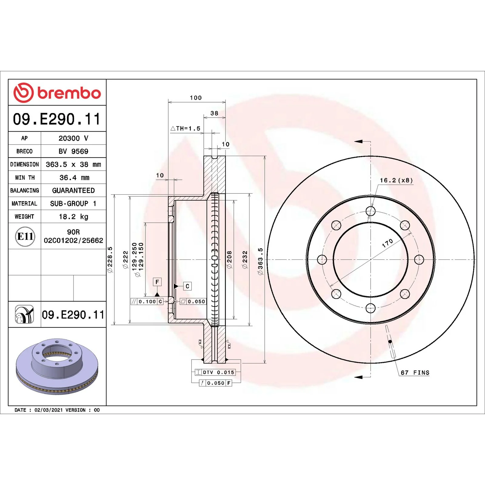 Передний тормозной диск Brembo 09E29011