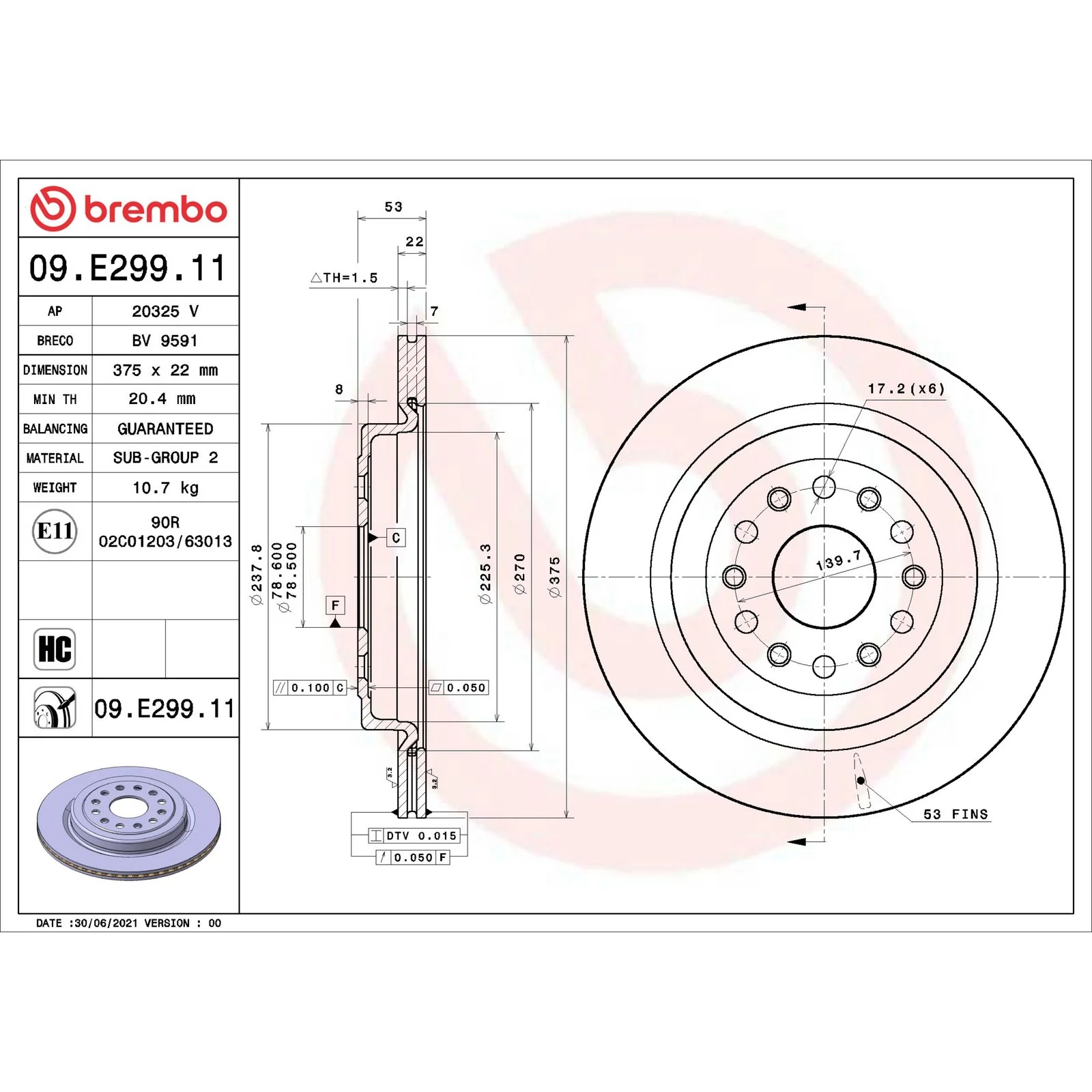 Передний тормозной диск Brembo 09E29911