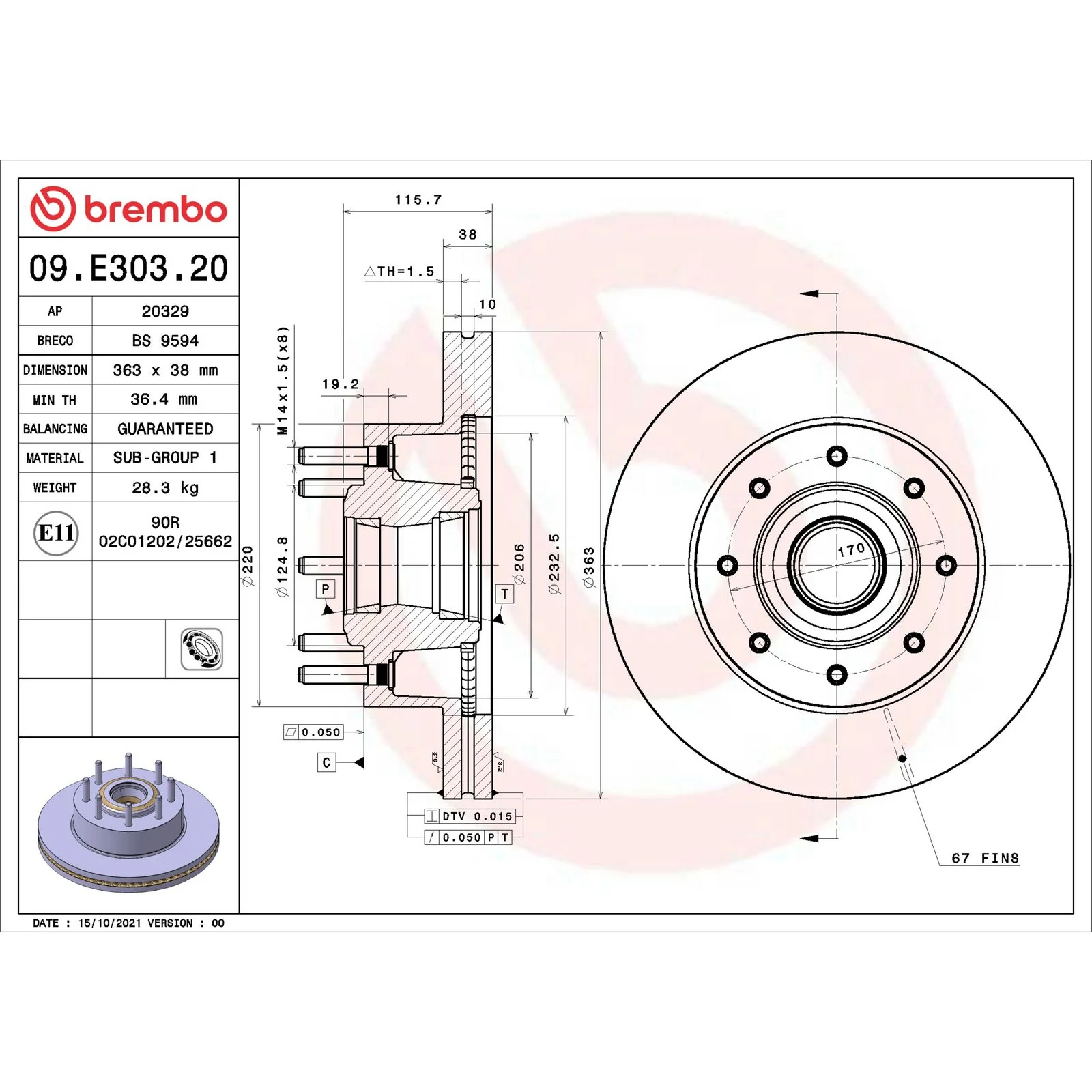 Передний тормозной диск Brembo 09E30320