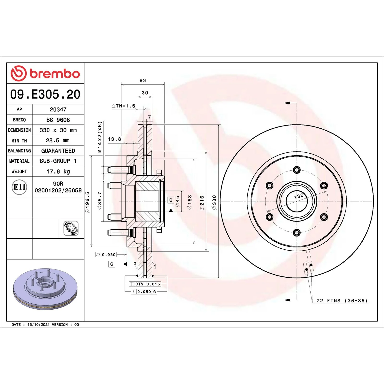 Передний тормозной диск Brembo 09E30520