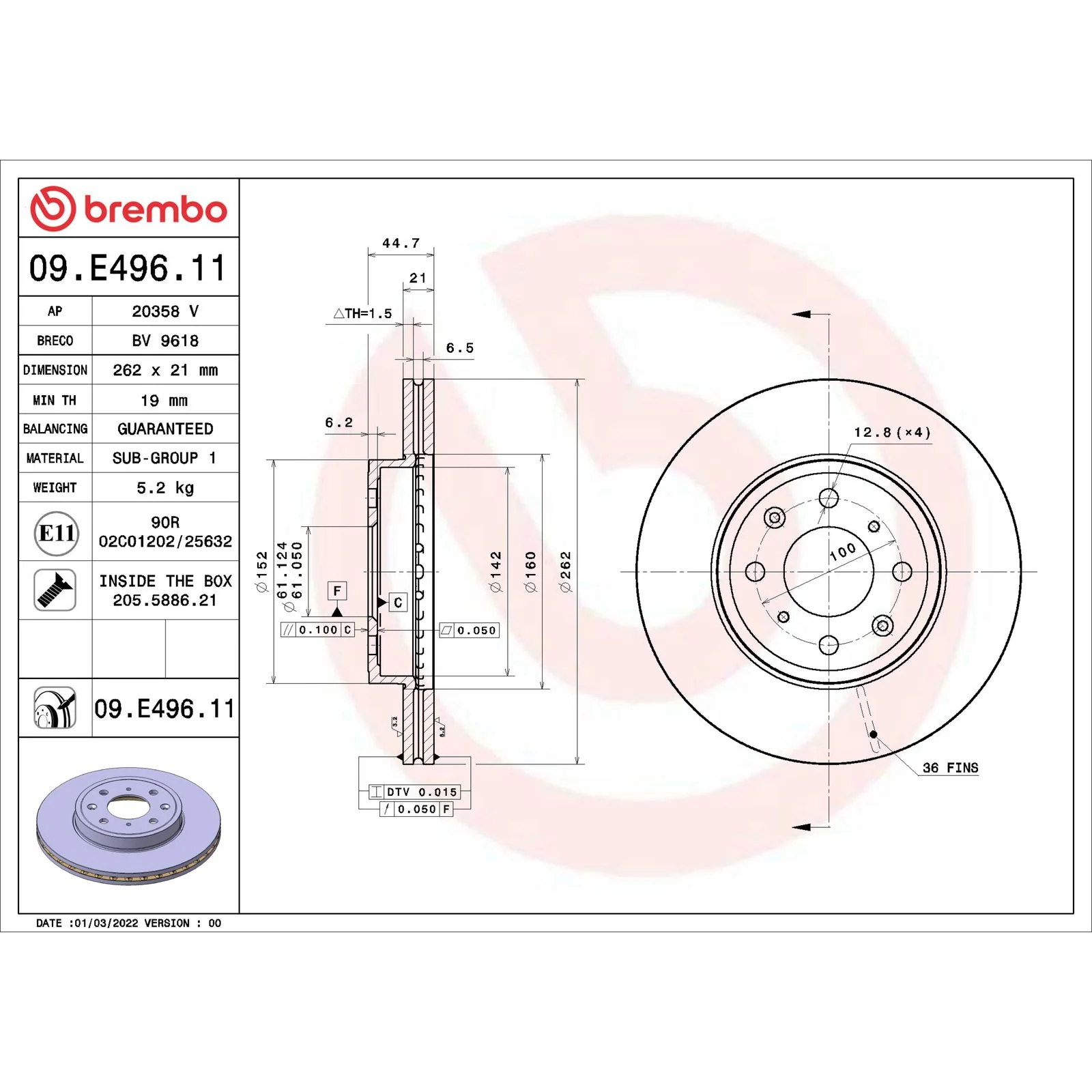 Передний тормозной диск Brembo 09E49611