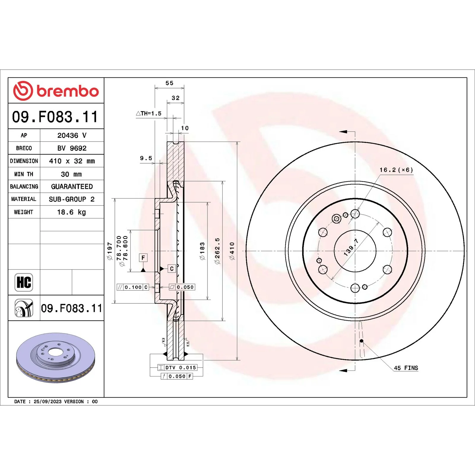 Передний тормозной диск Brembo 09F08311