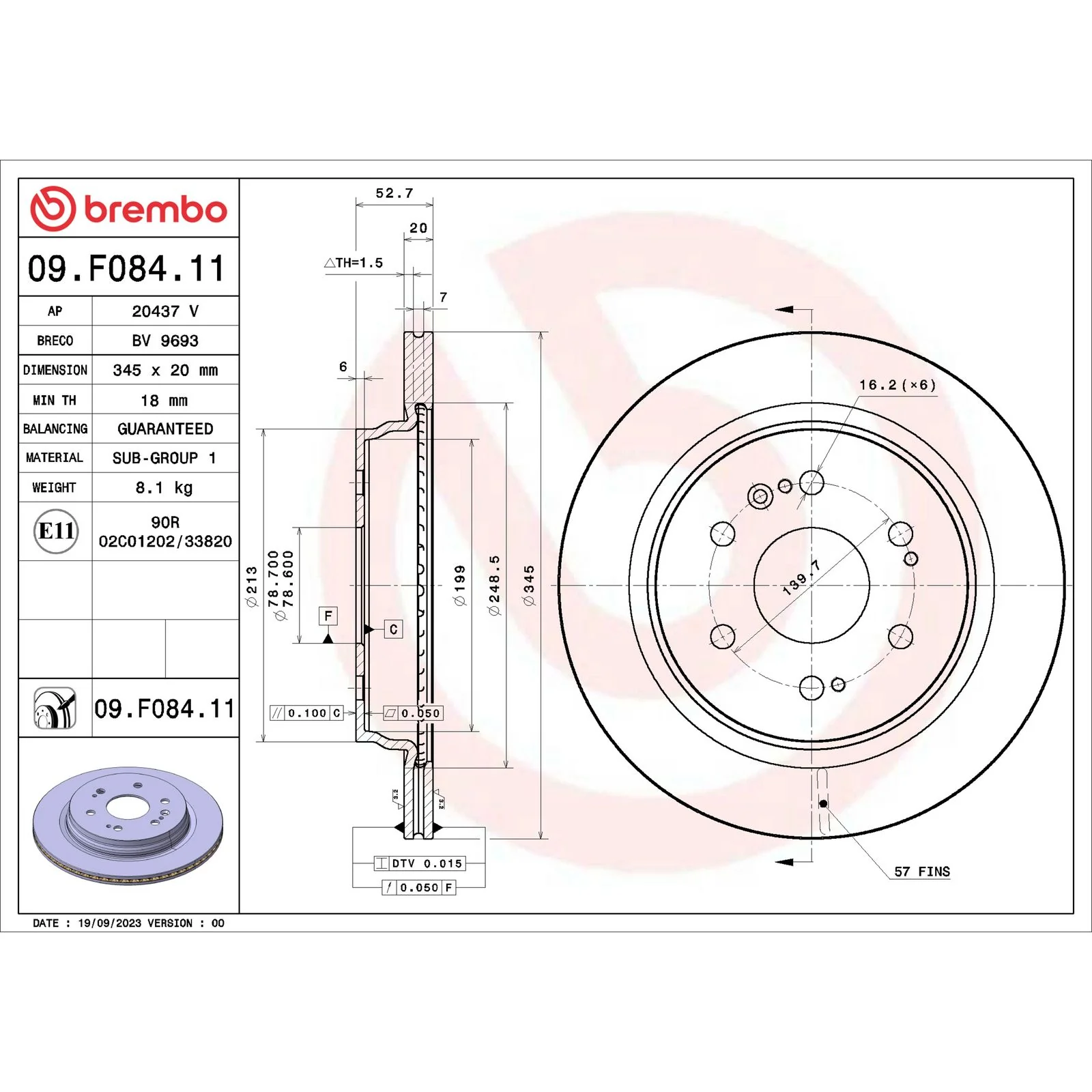 Передний тормозной диск Brembo 09F08411
