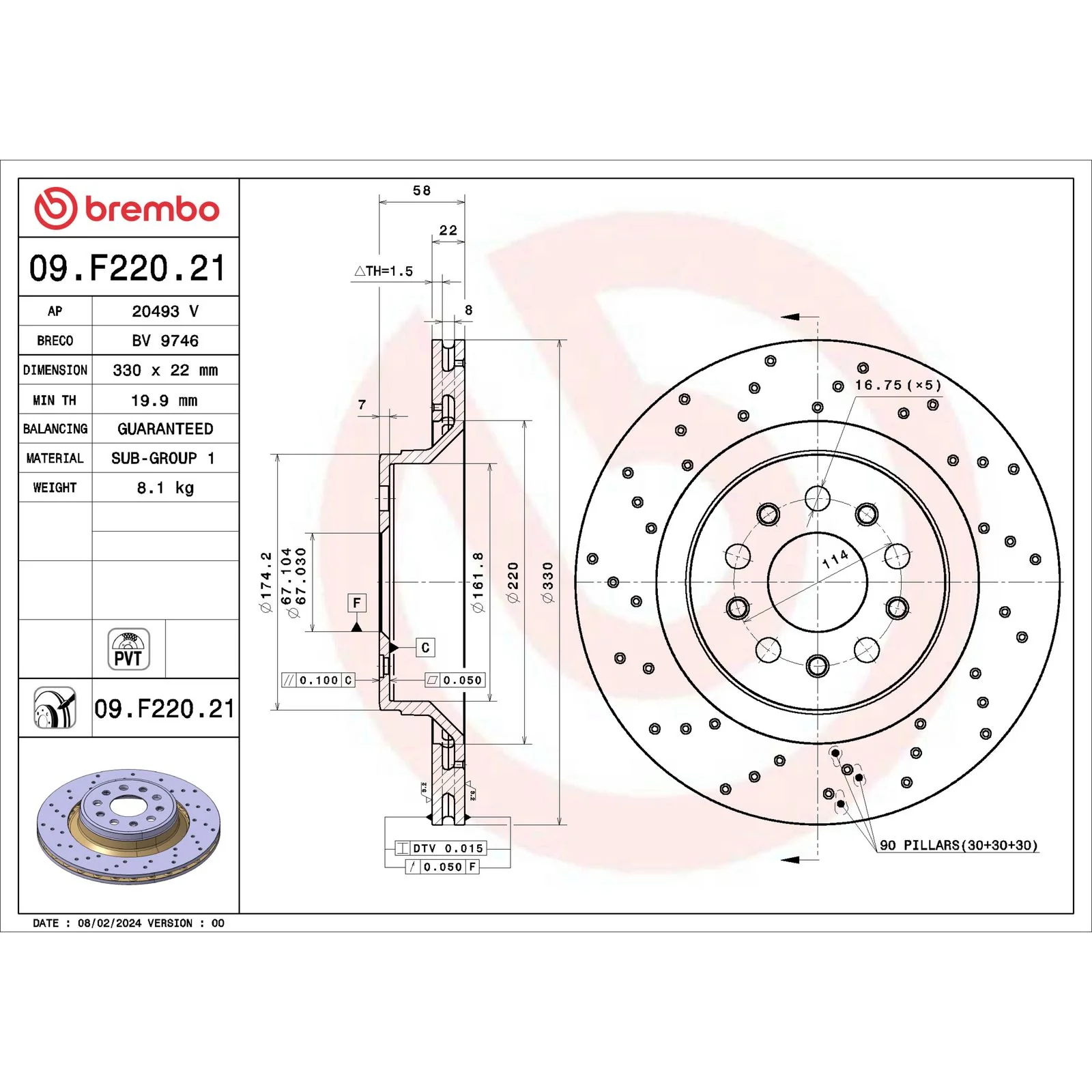 Передний тормозной диск Brembo 09F22021
