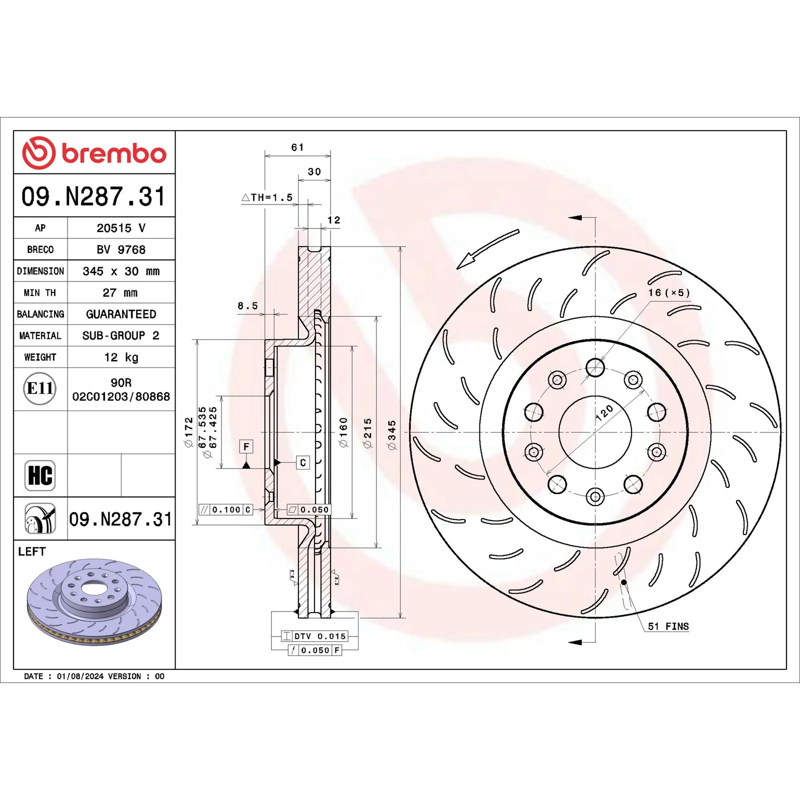 Передний тормозной диск Brembo 09N28731