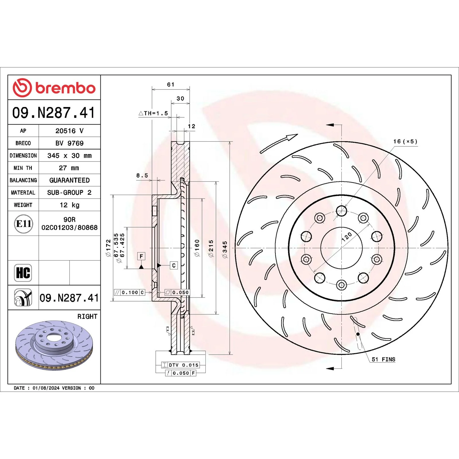 Передний тормозной диск Brembo 09N28741