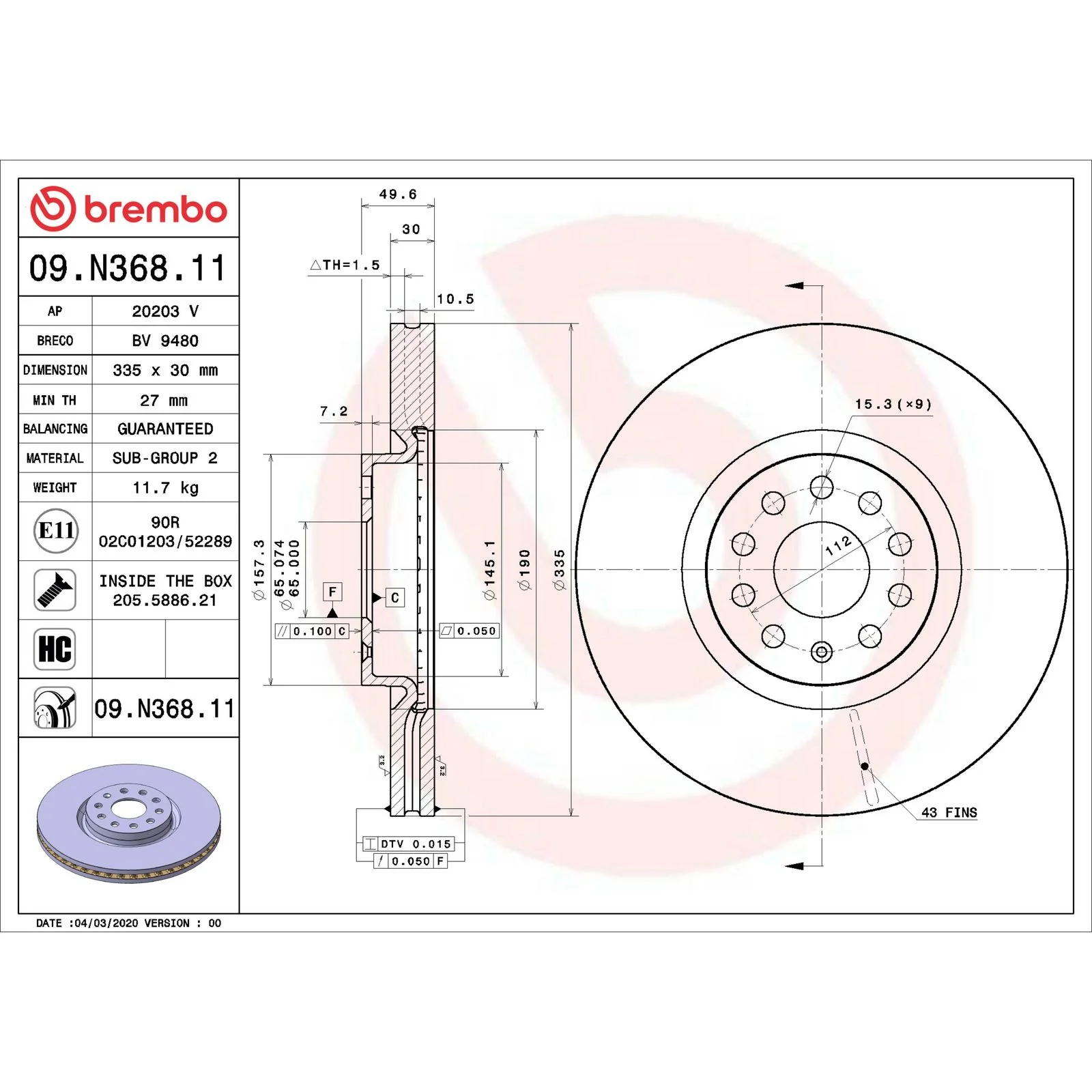 Передний тормозной диск Brembo 09N36811