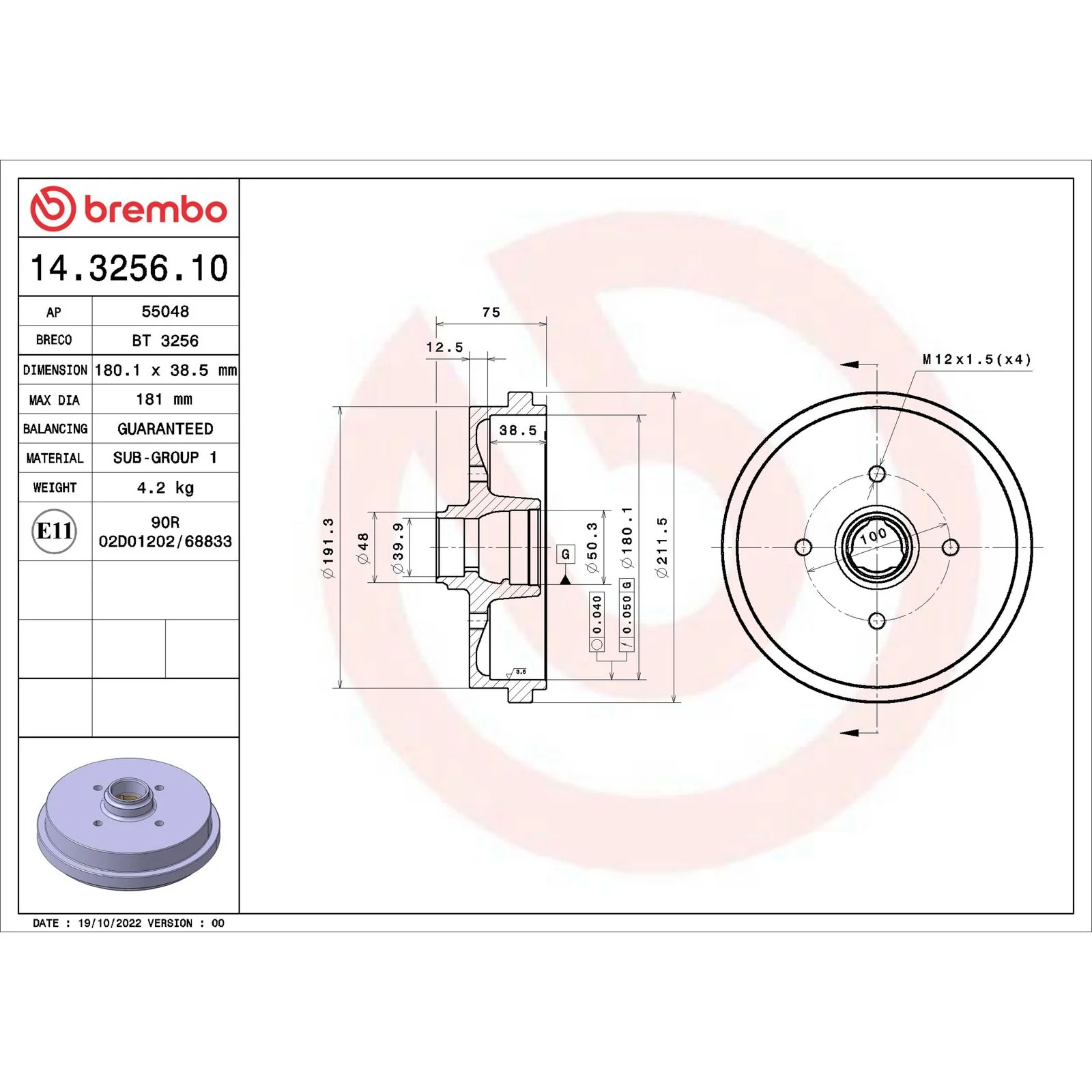 Передний тормозной диск Brembo 14325610