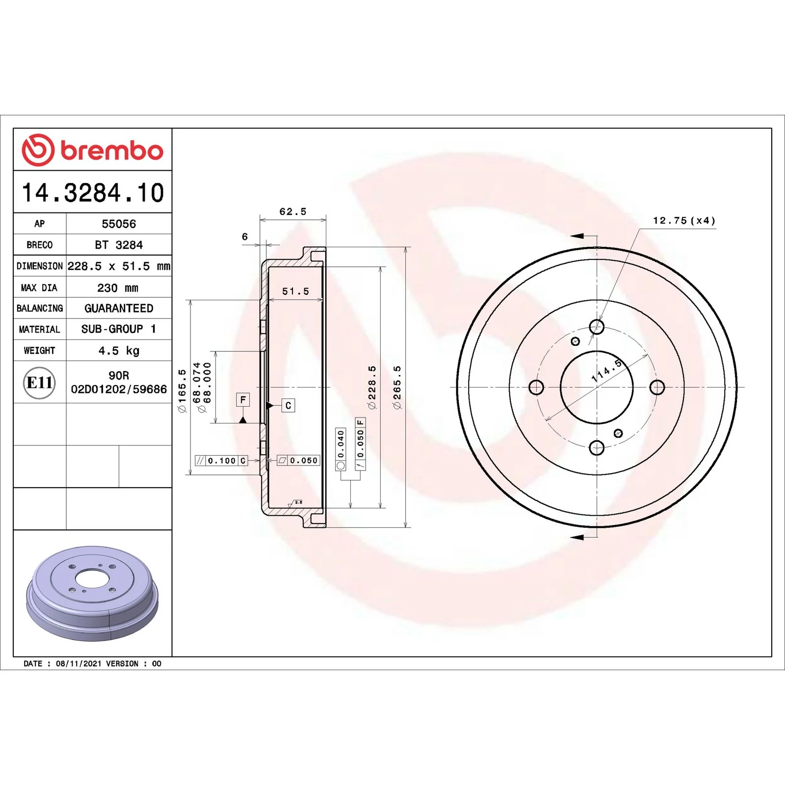 Передний тормозной диск Brembo 14328410