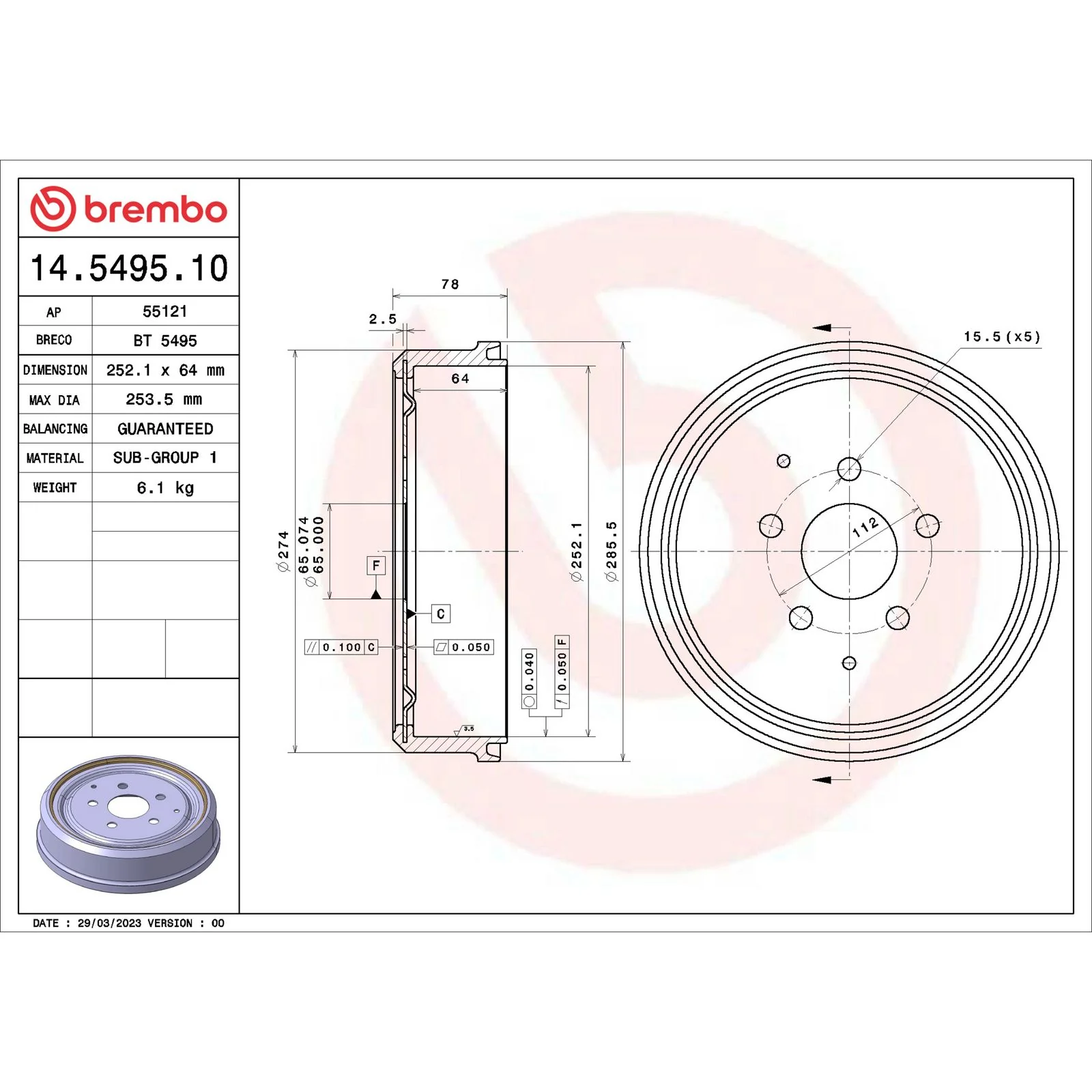 Передний тормозной диск Brembo 14549510